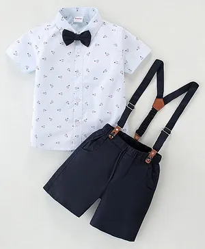 Kookie Kids Half Sleeves Printed Party Wear Shirt & Shorts Set with Suspender & Bow - Multicolor