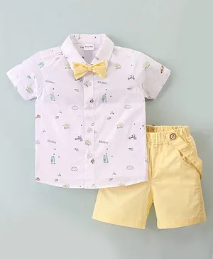 100% Cotton 2pcs Baby Boy Allover Floral Print Short-sleeve Shirt and Solid Shorts Set