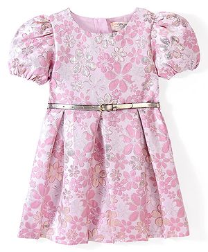 Primo Gino Jacquard Fabric  Half Sleeves Fit & Flare  Party Frock Floral Print - Pink