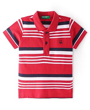 UCB Cotton Knit Half Sleeves Striped Polo T-Shirt - Red