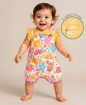 Babyhug Single Jersey Knit Dungaree Style Romper with Frill Sleeves T-Shirt Text  & Floral Print - Multicolour