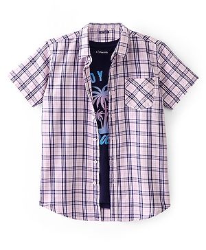 Pine Kids Cotton Woven Half Sleeves Twofer Checked Shirt With Beach Theme T-Shirt - Multicolour