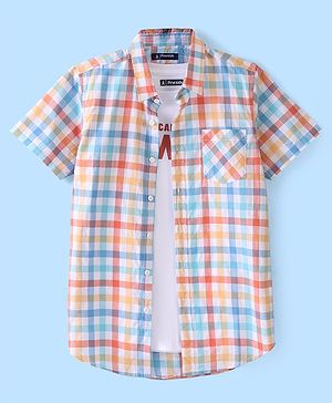 Pine Kids Cotton Woven Half Sleeves Twofer Checked Shirt With Text Print T-Shirt - Multicolour