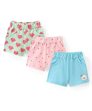 Doodle Poodle 100% Cotton Knit Above Knee Length Shorts Heart Print Pack of 3 -Blue Pink Green