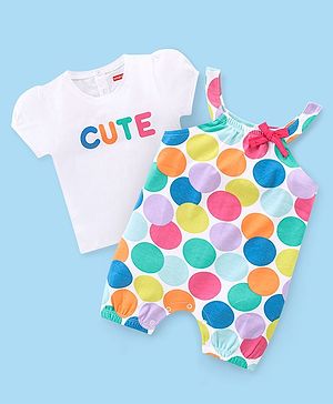 Babyhug 100% Cotton Knit Half Sleeves T-Shirt & Dungaree Set Polka Dot Print - Multicolor