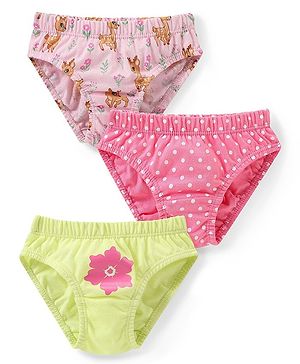 Babyhug 100% Cotton Knit Panties with Deer & Polka Dot Print Pack of 3 - Pink & Green