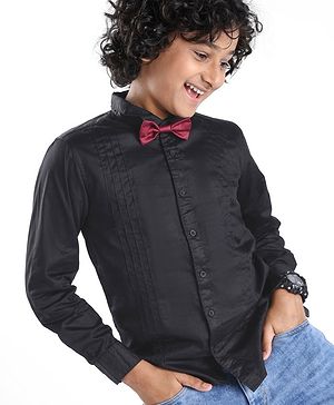 Pine Kids Cotton Woven Full Sleeves Party Shirt Solid Colour With Bow - Black
