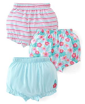 Babyhug 100% Cotton Knit Bloomers Striped & Floral Print  Pack of 3- Blue & Pink