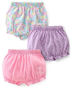 Babyhug 100% Cotton Knit Bloomers Heart & Text Print Pack of 3- Pink Blue & Purple