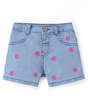 Bonfino Cotton Elastane Woven Star Embroidered Shorts - Light Blue