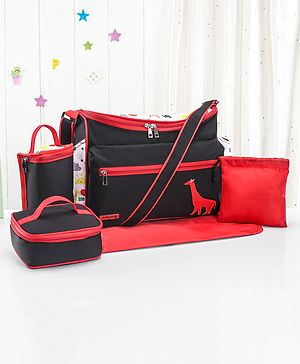 Babyhug Mother Bag with Accessories Combo With Animal Print Set of 5 - Black & Red