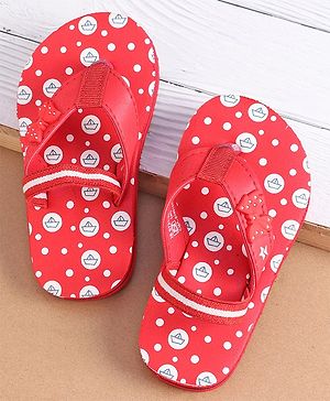 Cute Walk by Babyhug Flip Flops with Back Strap Closure Boat Print & Bow Applique- Red