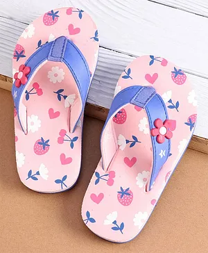 Cute Walk by Babyhug Slip On Flip Flops with Heart & Strawberry Print & Floral Applique - Pink