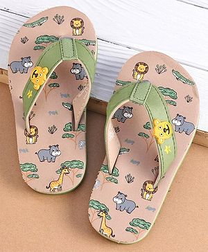 Cute Walk by Babyhug Slip On Flip Flops with Wild Animal Print & Applique- Green