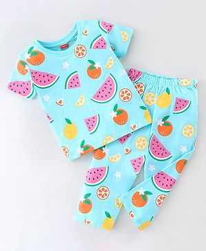 Babyhug Single Jersey Cotton Knit Half Sleeves Fruity Print Night Suit - Blue