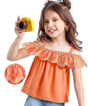 Babyhug Rayon Woven Sleeveless Cropped Top with Schiffli Detailing - Orange