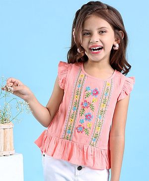 Babyhug 100% Rayon Woven Half Sleeves Crinkle Crepe  Woven Top with Frill and Floral Embroidery Detailing - Peach