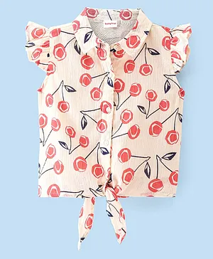 Babyhug Rayon Woven Frill Sleeves Top with Cherry Print & Knot Detailing - White & Peach