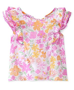 Babyhug Rayon Half Sleeves Top Floral Print- White & Pink