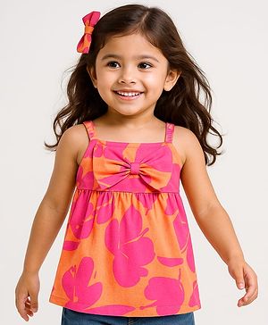 Babyhug Rayon Woven Sleeveless Floral Printed Singlet Top with Bow Applique - Mustard Yellow & Pink