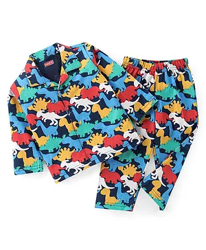 Babyhug Cotton Knit Full Sleeves Night Suit With Dino Print - Navy Blue