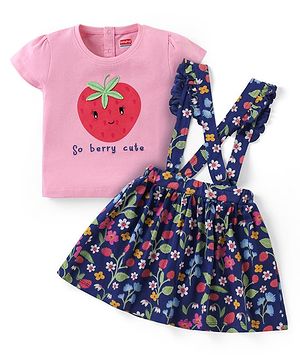 Babyhug Cotton Knit Half Sleeves Top & Floral Printed Skirt Set With Strawberry Applique - Pink & Blue