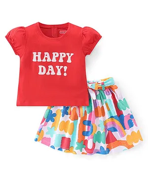 Babyhug 100% Cotton Knit Half Sleeves Top & Skirt With Text Print - Multicolor
