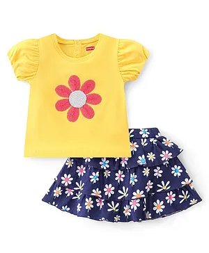 Babyhug Cotton Knit Half Sleeves Floral Printed Top & Skirt Set - Yellow & Navy