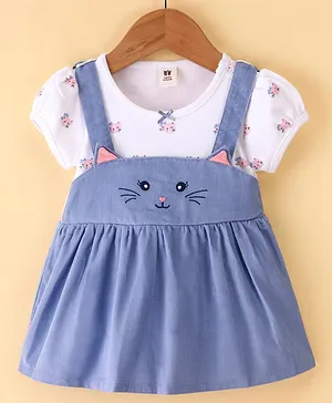 ToffyHouse Cotton Knit Half Sleeves Frock with Kitty Print - Blue & White