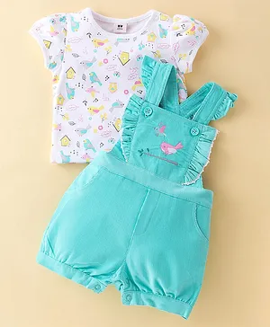 ToffyHouse Cotton Dungaree with Half Sleeves Inner Tee with Bird Print & Embroidery - Sea Green