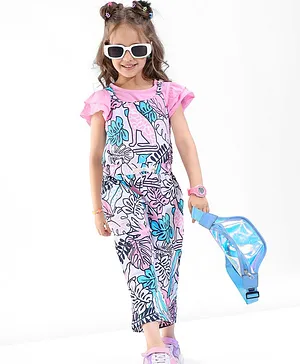 Ollington St. 100%  Cotton Knit Printed Dungaree with Frill  Sleeves  Solid Colour Top  - Multicolour