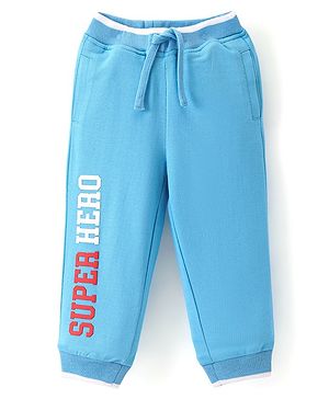 Babyhug Cotton Looper Knit Full Length Track Pant Text Print - Blue