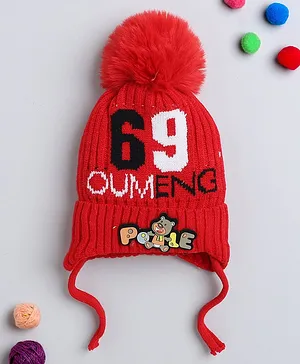 TMW Kids Numbers & Bear Patch Detailed Woollen Bobble Cap With Drawstring - Red