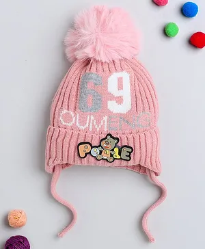 TMW Kids Numbers & Bear Patch Detailed Woollen Bobble Cap With Drawstring - Pink