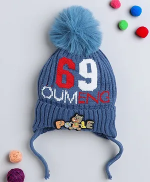 TMW Kids Numbers & Bear Patch Detailed Woollen Bobble Cap With Drawstring - Blue