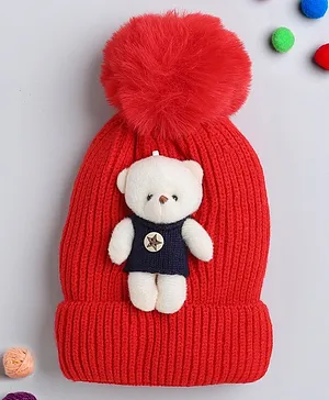 TMW Kids Bear Applique Detailed Woollen Bobble Cap - Red
