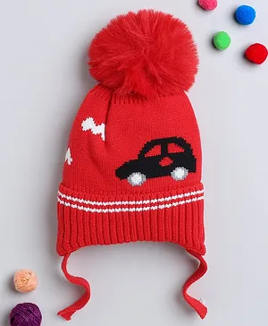 TMW Kids Cute Car Patch With Pom Pom Detailed Woollen Bobble Cap With Drawstring - Red
