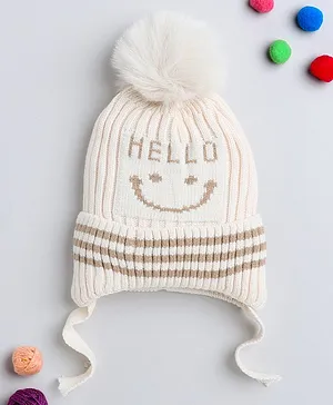 TMW Kids Hello Text Patch With Pom Pom Detailed Woollen Bobble Cap With Drawstring - Off White