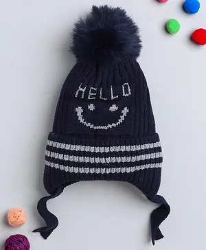 TMW Kids Hello Text Patch With Pom Pom Detailed Woollen Bobble Cap With Drawstring - Navy Blue