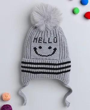 TMW Kids Hello Text Patch With Pom Pom Detailed Woollen Bobble Cap With Drawstring - Grey