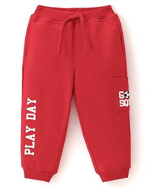 Babyhug Cotton Looper Full Length Lounge Pant With Text Print - Red