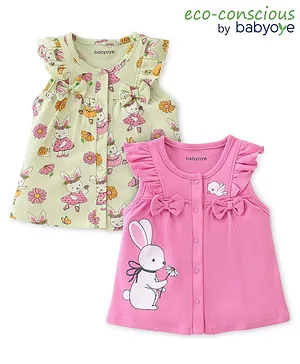 Babyoye  100% Cotton Knit with Eco Jiva Finish Sleeveless  Set of Vests with Frill Detailing Bunny Print - Pista Green & Pink