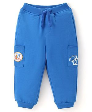 Babyhug Cotton Looper Knit Full Length Lounge Pant With Tropical Patch & Print - Blue