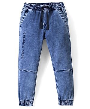 Pine Kids Cotton Rich Stretchable full length denim Joggers with Embroidery and Print - Blue