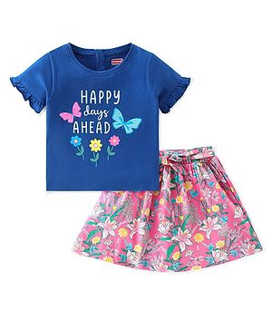 Babyhug 100% Cotton Knit Half Sleeves Top and  Skirt with Floral Print - Navy Blue