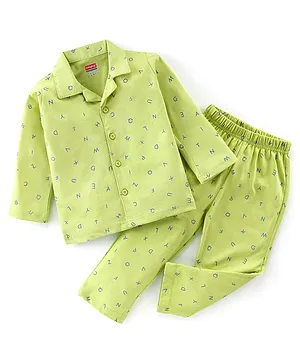 Babyhug Cotton Knit Full Sleeves Night Suit With Alphabets Print - Green