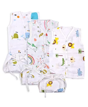 Mom's Home Pack Of 3 Organic Cotton Muslin Sleeveless Baby Animals Printed Jhablas with Coordinating Nappy Set - Yellow & White
