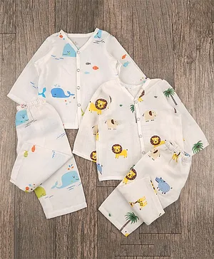 Mom's Home Pack Of 2 Organic Cotton Muslin Full Sleeves Baby Animal Printed Coordinating Jhabla Set - Yellow & White