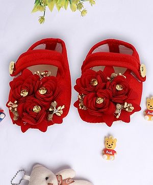 Coco Candy Floral Applique Detailed Velvet Booties - Red