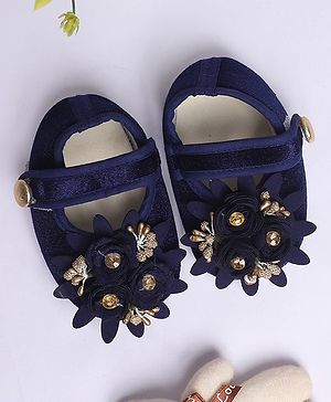 Coco Candy Floral Applique Detailed Velvet Booties - Blue